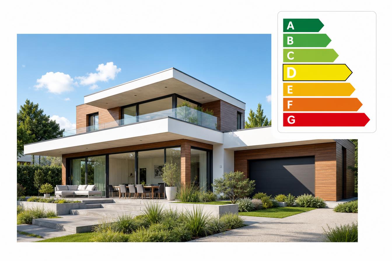 Maison contemporaine avec étiquette DPE et classes énergétiques