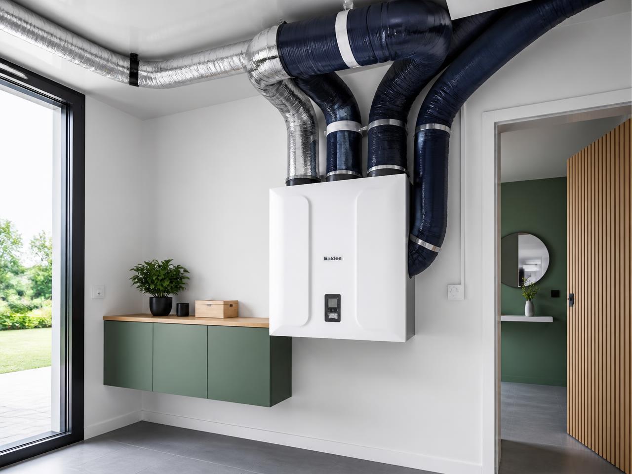 Caisson de VMC double flux et réseau de gaines dans une maison neuve RE2020
