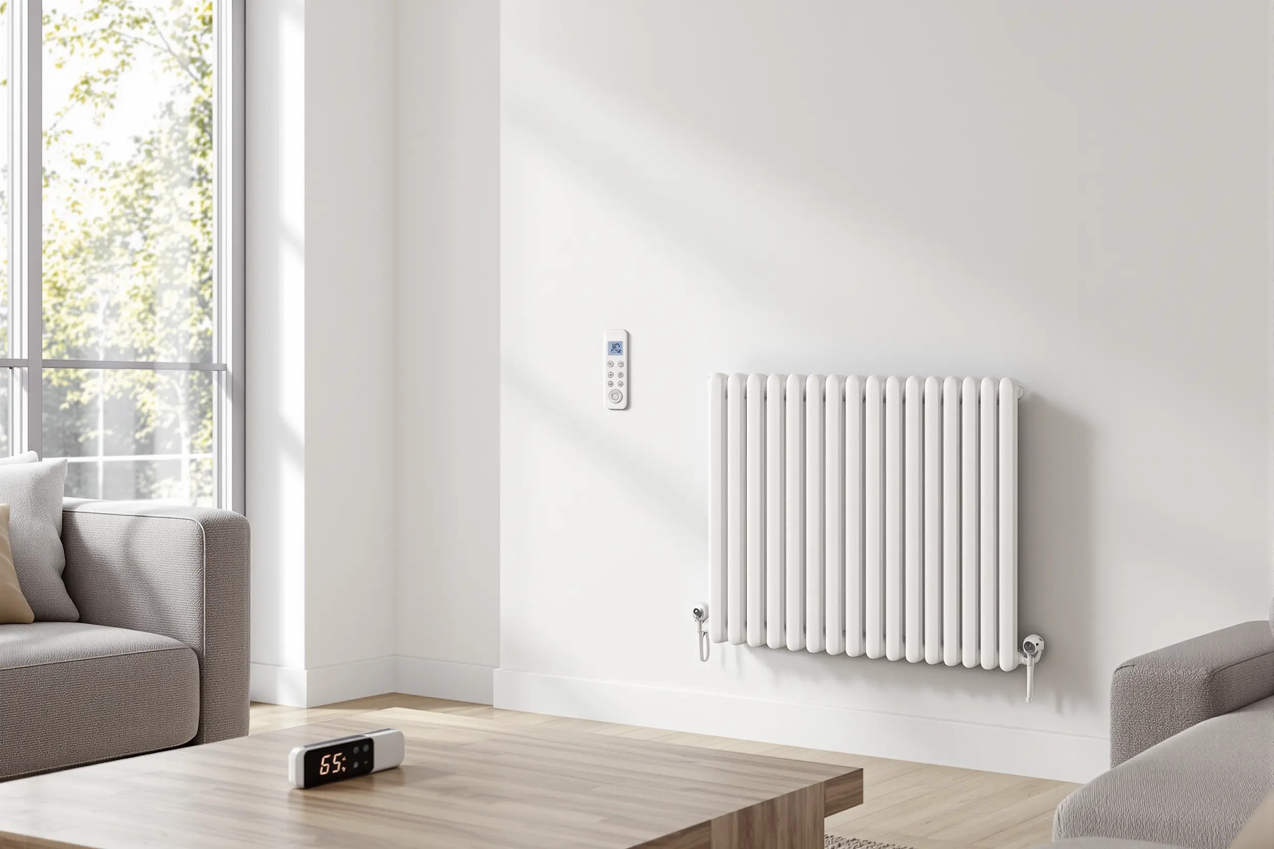 Radiateur électrique réversible moderne installé dans un salon contemporain