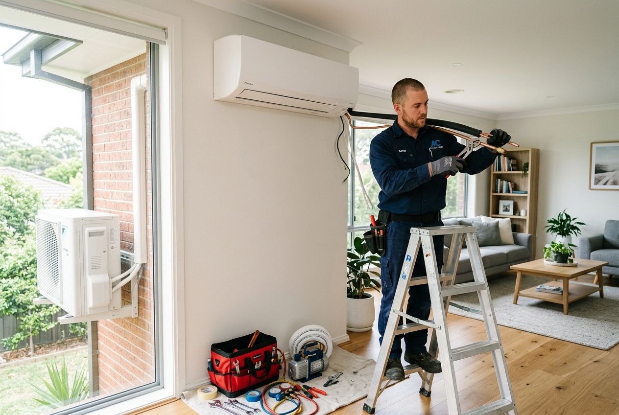 Installation d’une climatisation réversible en intérieur : technicien sur échelle, outils et unité murale prête, ambiance lumineuse et salon au décor moderne. prix climatisation réversible pose comprise.