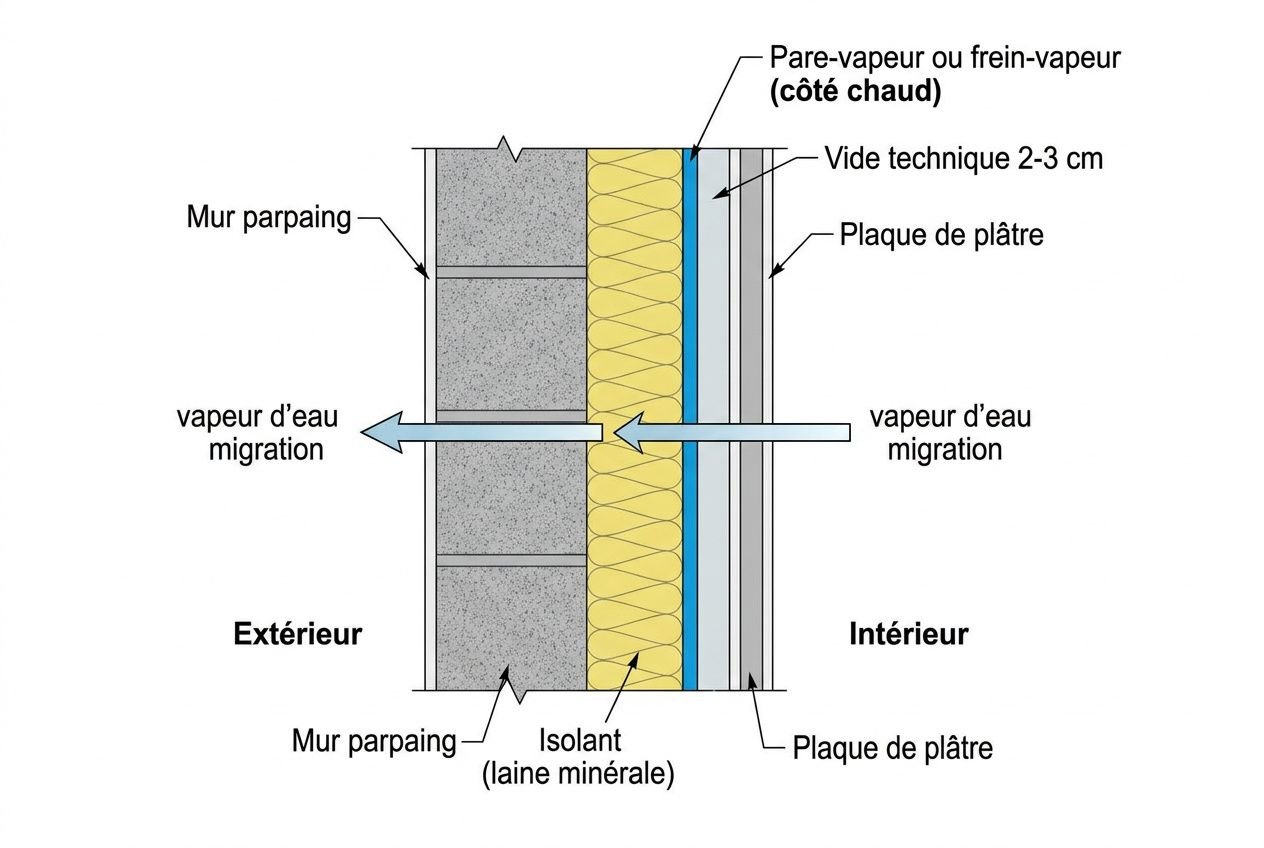 Diagramme schématique montrant le pare-vapeur mur intérieur entre l’extérieur et l’intérieur, avec isolant laine minérale, plaques de plâtre et lame d’air. Migration d’eau et vapeur dirigée vers l’intérieur et l’extérieur.