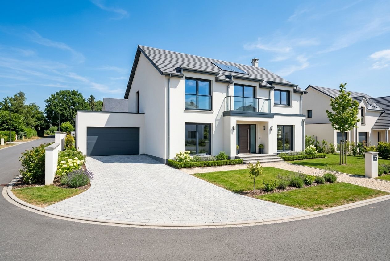 Belle maison neuve moderne à deux étages avec façade blanche, double garage et baie vitrée, entourée d’un jardin soigné dans un lotissement. maison neuve clé en main aspect moderne.