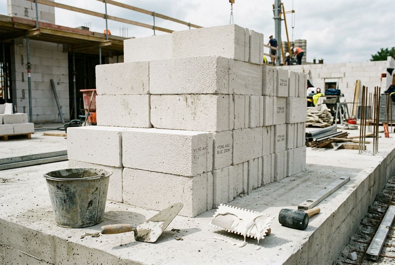 Pile de briques cellulaires sur un chantier, outils et seaux à proximité, construction en cours. brique cellulaire utilisée pour le béton cellulaire.