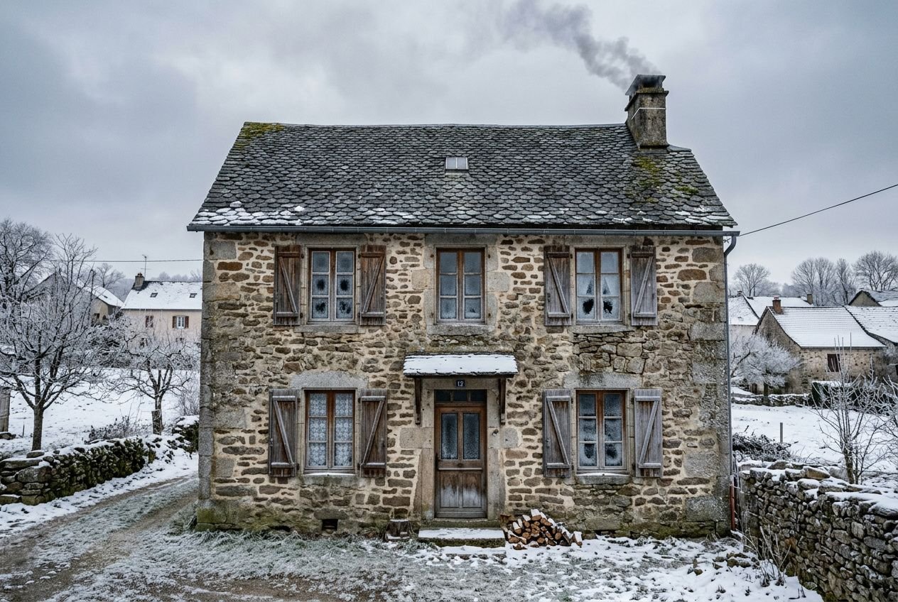 Maison ancienne en pierre sous neige, toit à deux pentes, volets bois et fumée sortant de la cheminée. Audit énergétique obligatoire 2024 intégrable.