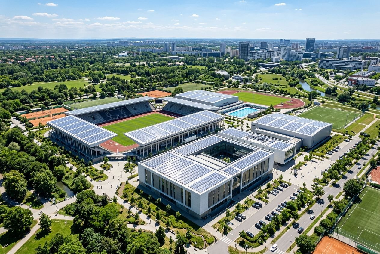 Complexe sportif conforme RE2020 avec panneaux solaires