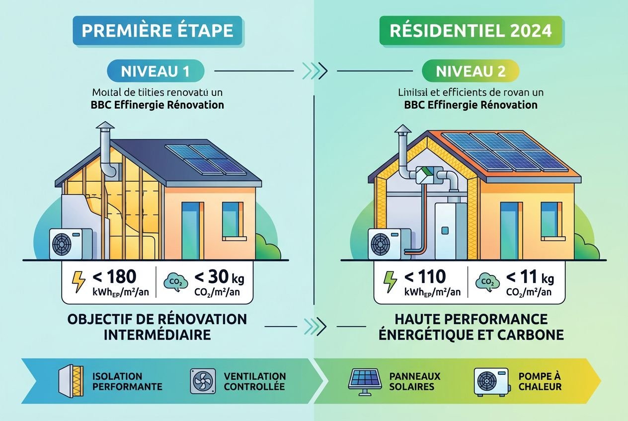 Illustration d’une progression en deux niveaux pour la rénovation bioclimatique: étape « Niveau 1 » avec maison isolée et panneaux solaires, et étape « Niveau 2 » avec ventilation et pompe à chaleur. Objectifs énergétiques et CO2 affichés.