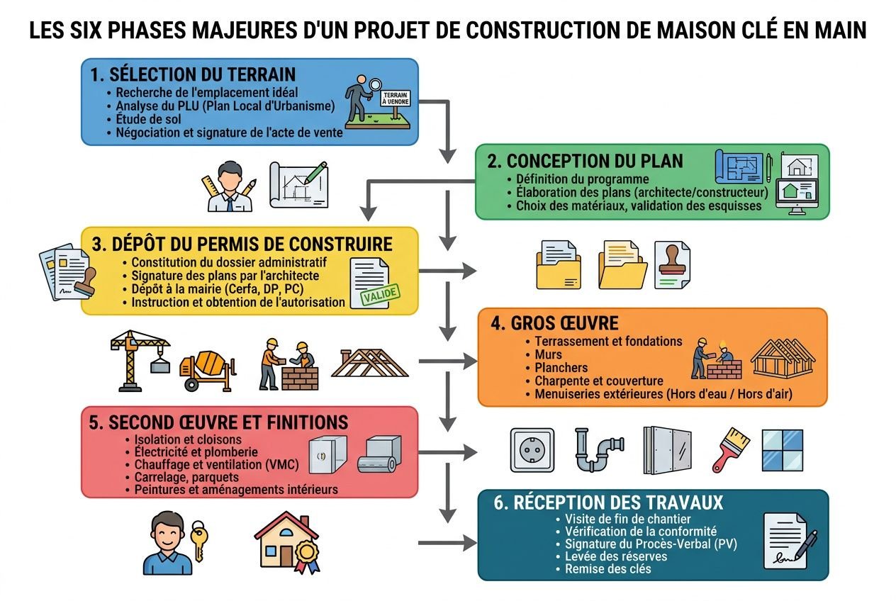 Les six phases majeures d’un projet de construction de maison clé en main illustrées: sélection du terrain, conception du plan, dépôt du permis de construire, gros œuvre, second œuvre et finitions, réception des travaux.