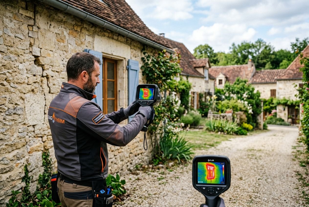 Agent thermicien effectuant un diagnostic thermique maison obligatoire en extérieur, avec caméra thermique et thermomètre à infrarouge près d'une maison en pierre.