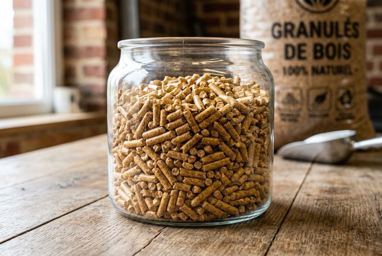 Granulés de bois dans un bocal transparent, sur une table en bois, avec un sac de granulés à l’arrière, mettant l’accent sur leur usage de chauffage et l’indice carbone.