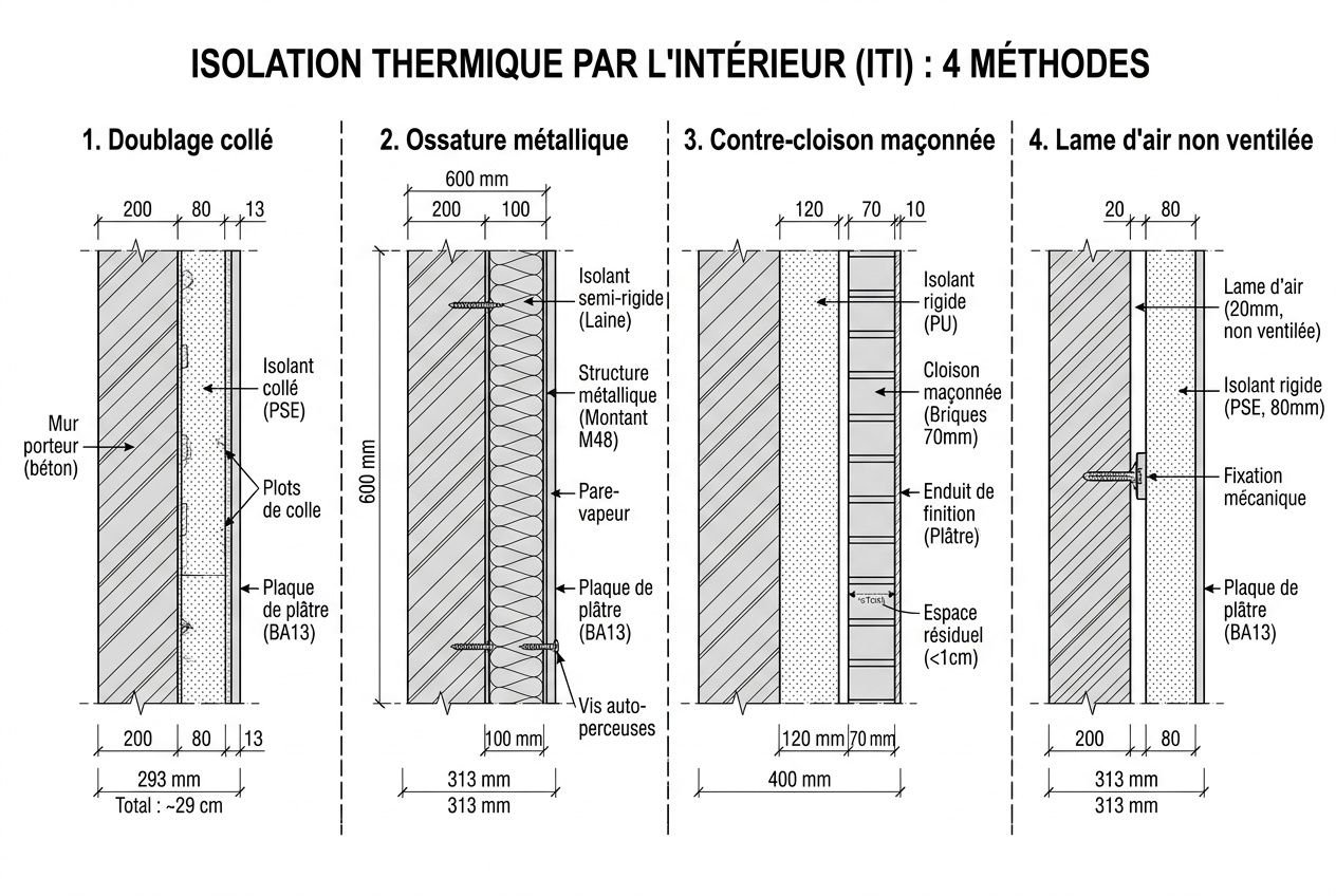Isolation thermique par l’intérieur : schéma des 4 méthodes avec murs et matériaux naturels mis en avant.