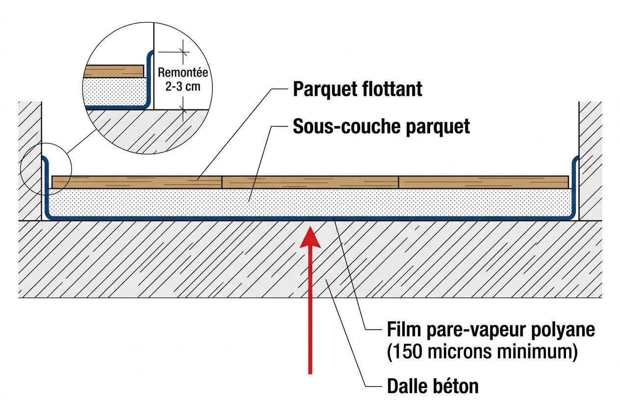 Schéma montrant un parquet flottant posé sur une sous-couche avec un pare-vapeur polyane sous le parquet et sur dalle béton, remontée 2–3 cm.