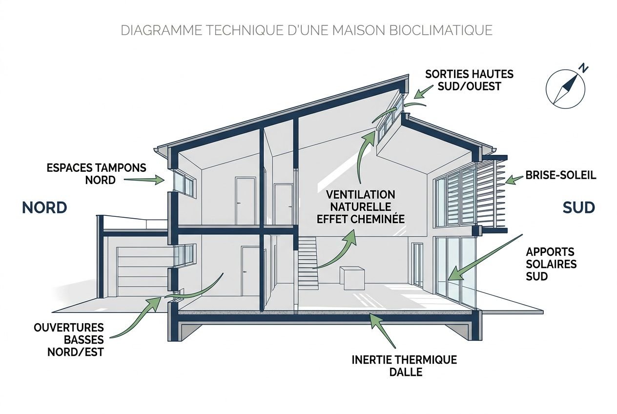 Diagramme technique d’une maison bioclimatique montrant ventilation naturelle, apports solaires, ouvertures, inertie thermique et cheminées, pour une rénovation bioclimatique.