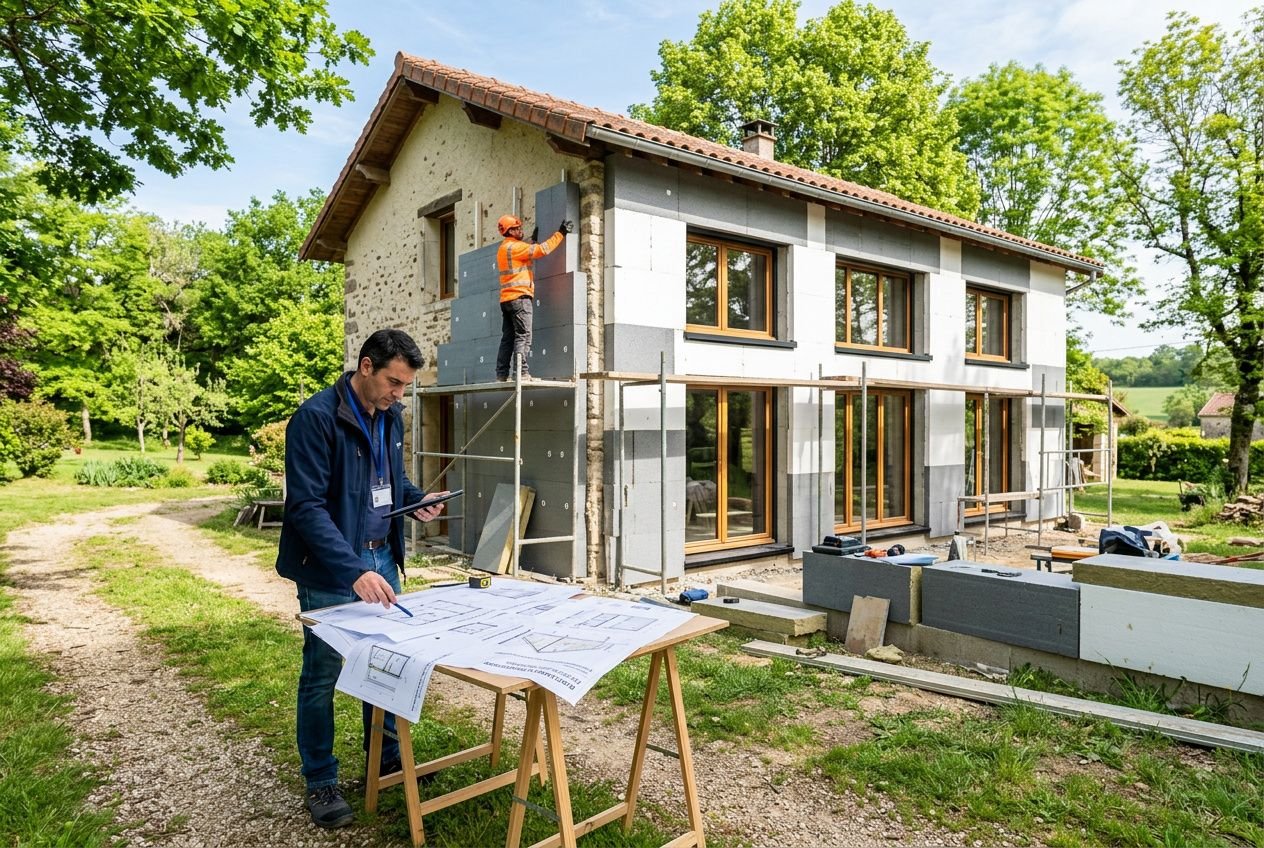 Construction d’une maison en rénovation bioclimatique : façade isolée et travaux extérieurs en cours dans un cadre verdoyant. Un artisan consulte des plans sur une table.