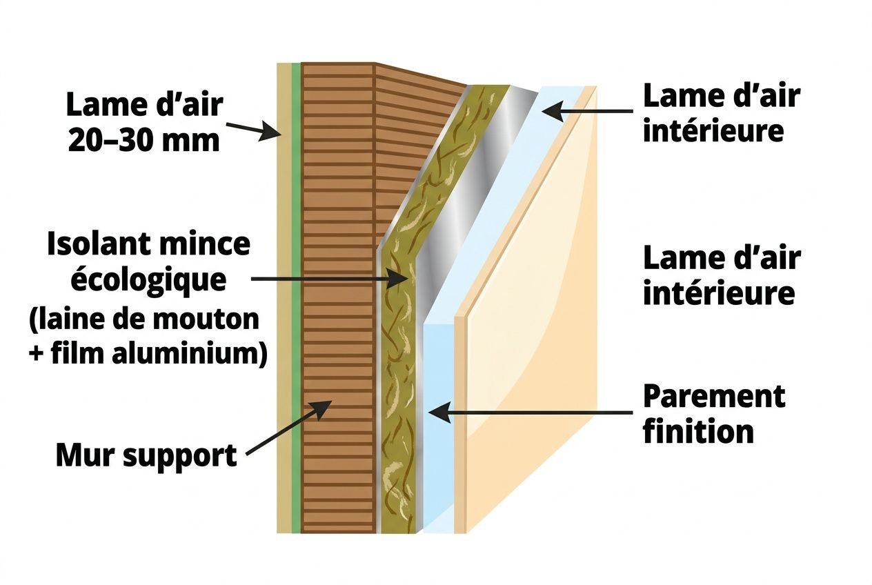 Schéma d’un mur avec isolant mince écologique, montrant la laine de mouton et film aluminium, l’isolation sur mur support et les couches: lame d’air, parement intérieur et finition. isolant mince haute performance intégrée.