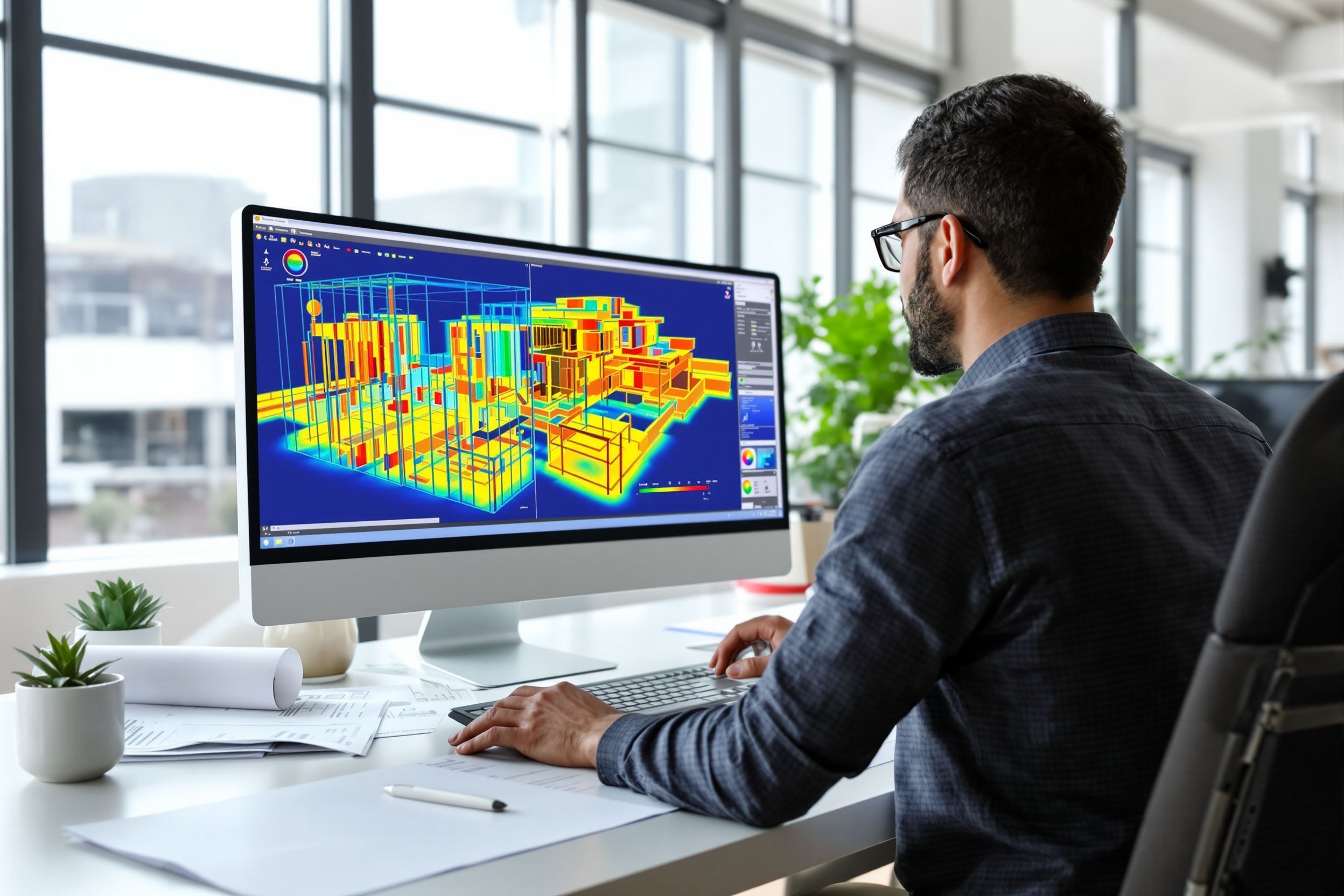 Ingénieur réalisant une simulation thermique dynamique sur ordinateur