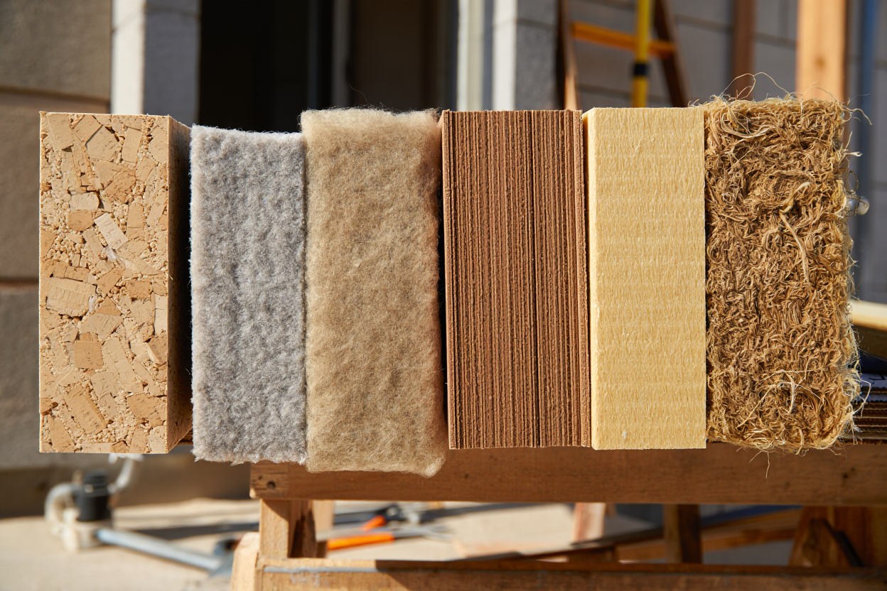 Cinq isolants phoniques écologiques disposés côte à côte