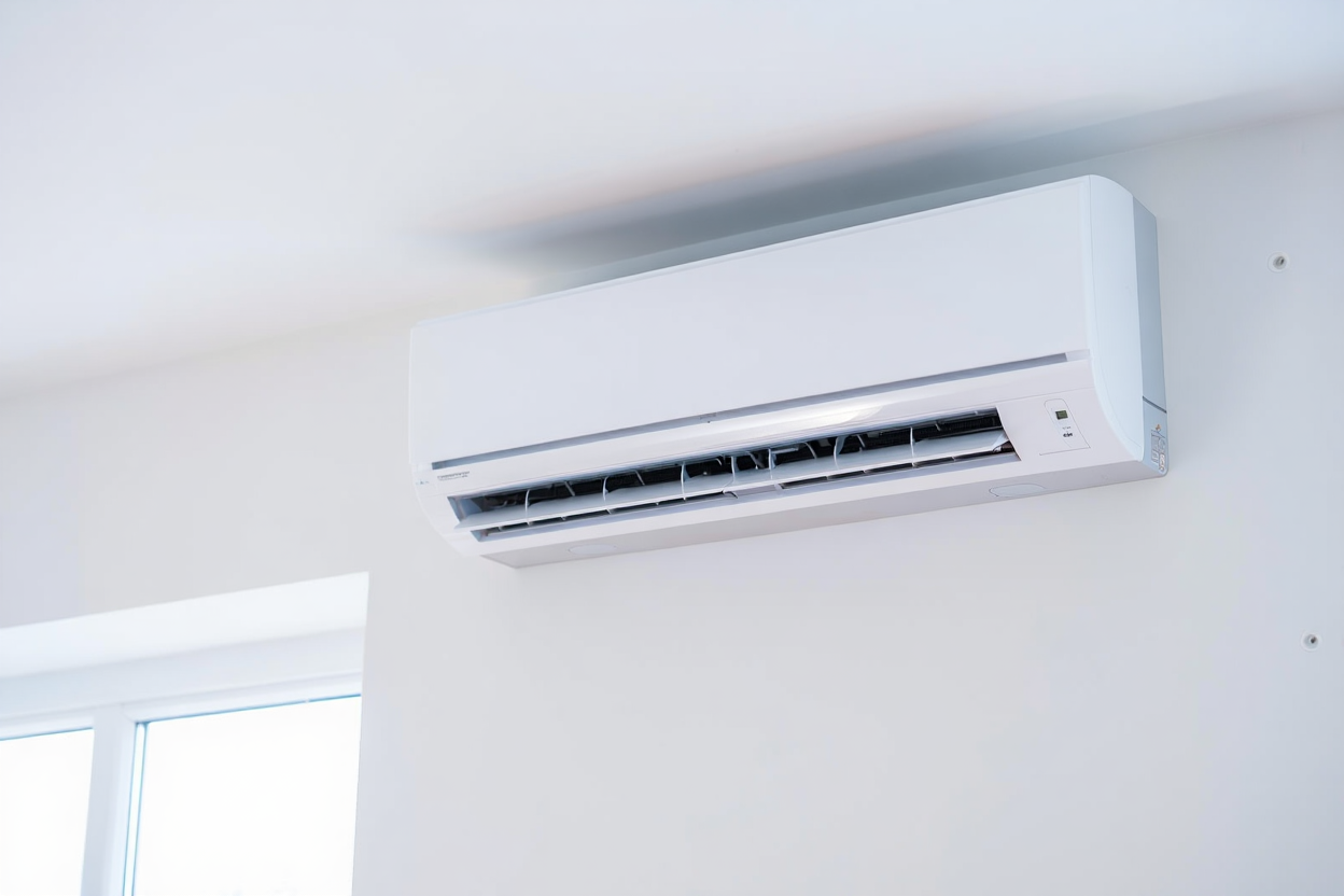 Climatiseur mural monobloc installé sur un mur intérieur