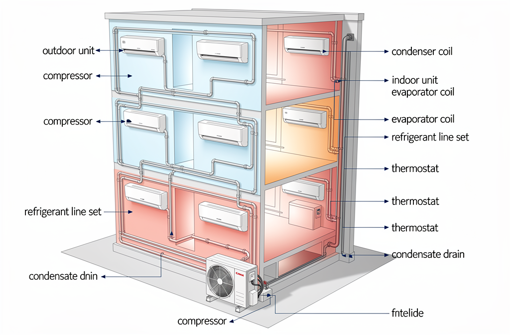 Schéma d'installation d'un chauffage réversible multizone