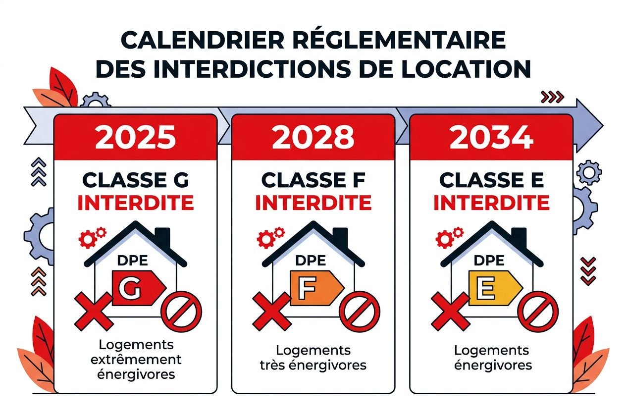 Calendrier réglementaire des interdictions de location sur les années 2025, 2028 et 2034 avec DPE et logements énergivores (G, F, E) et interdiction associée. diagnostic thermique maison obligatoire intégré.