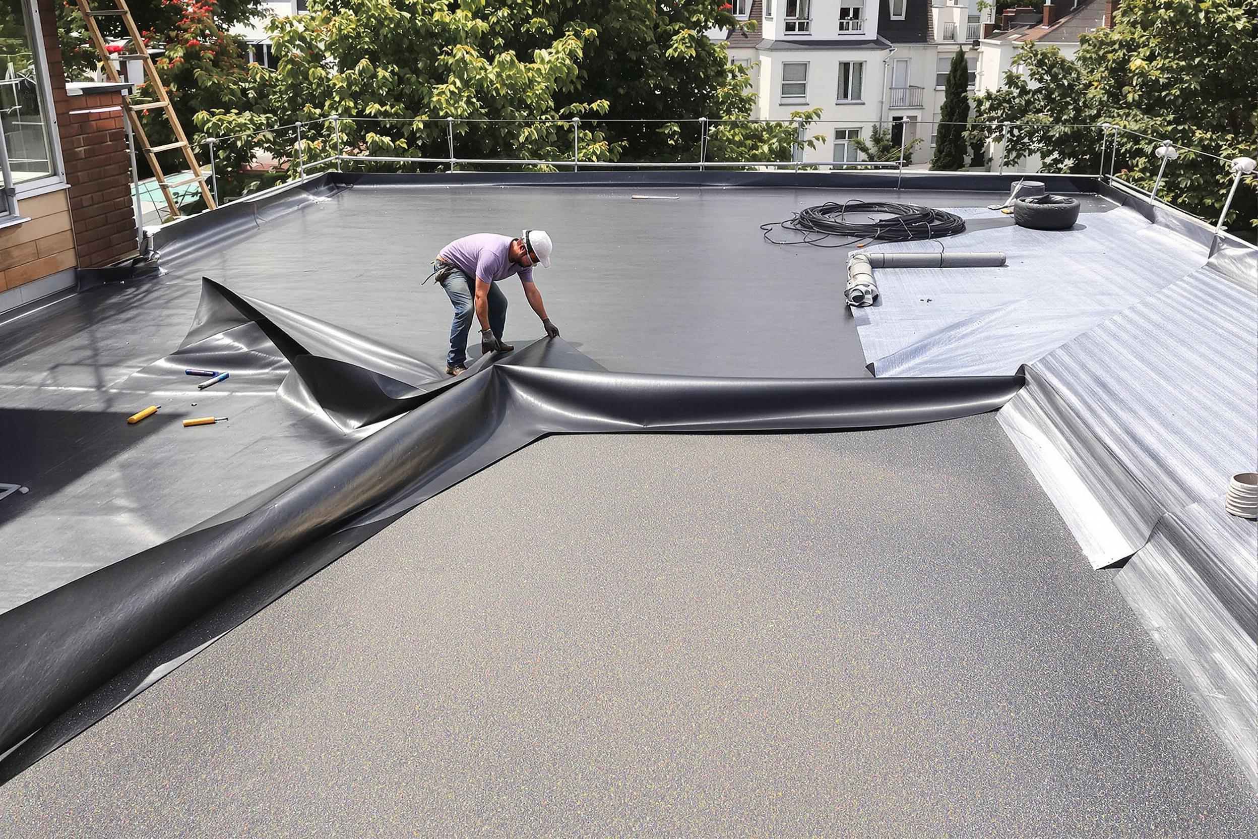 Travaux d'étanchéité sur un toit-terrasse – pose d'une membrane bitumineuse et traitement des points singuliers