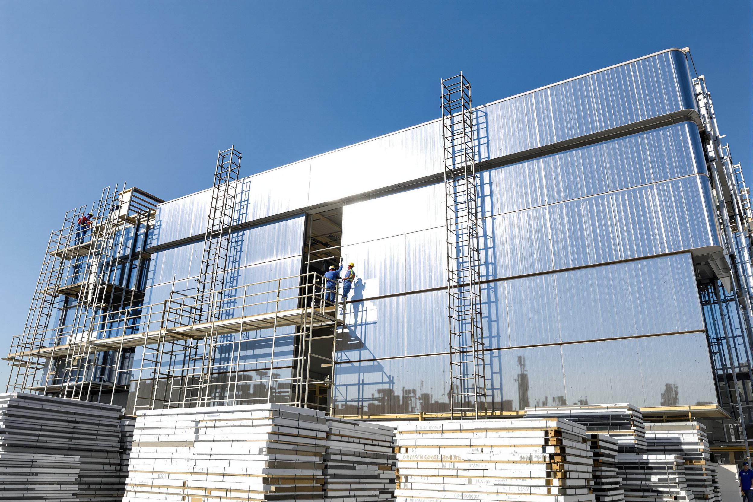 Pose de panneaux sandwich isolants sur une façade de bâtiment industriel