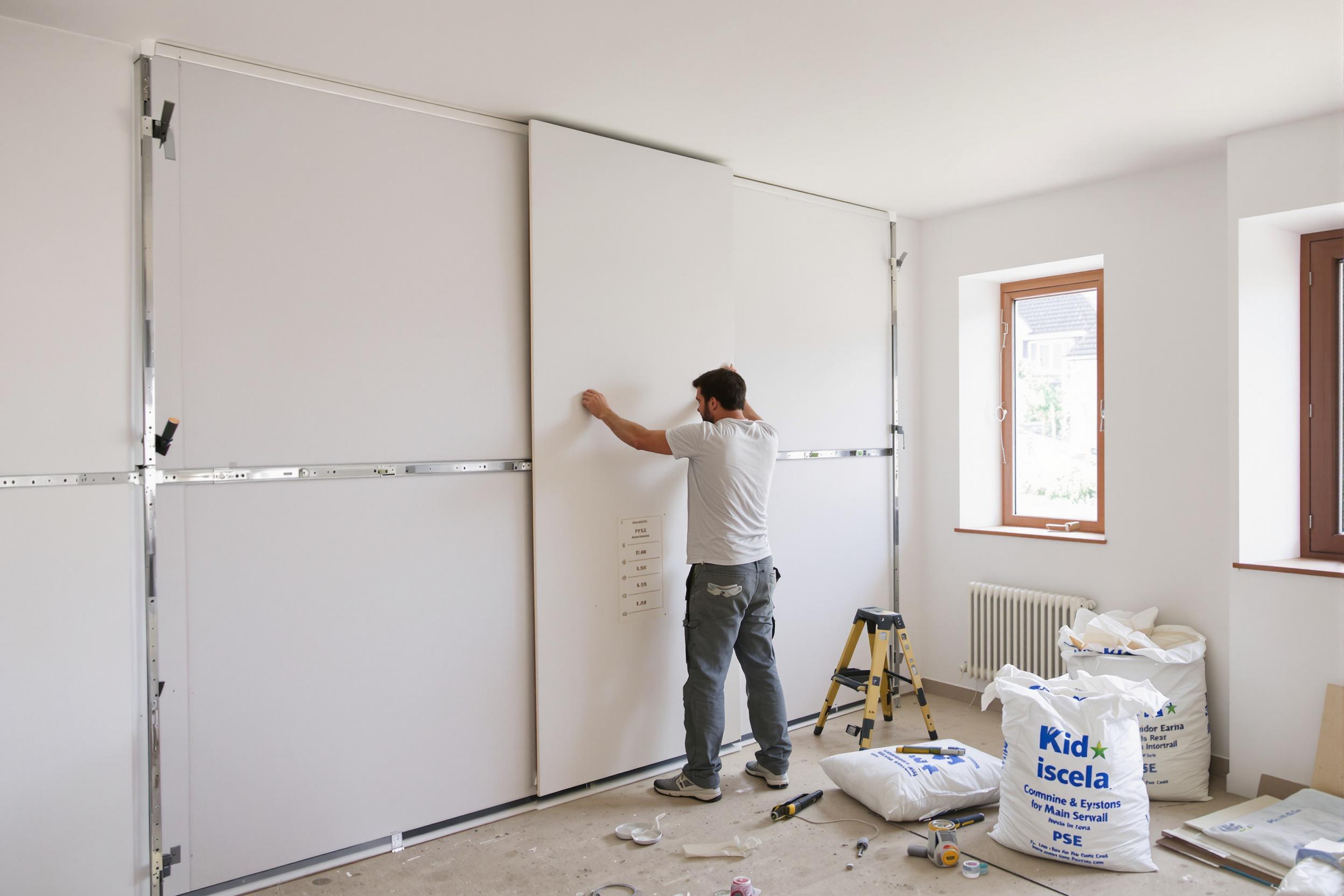 Technicien en train d'installer un placo isolant lors d'une rénovation