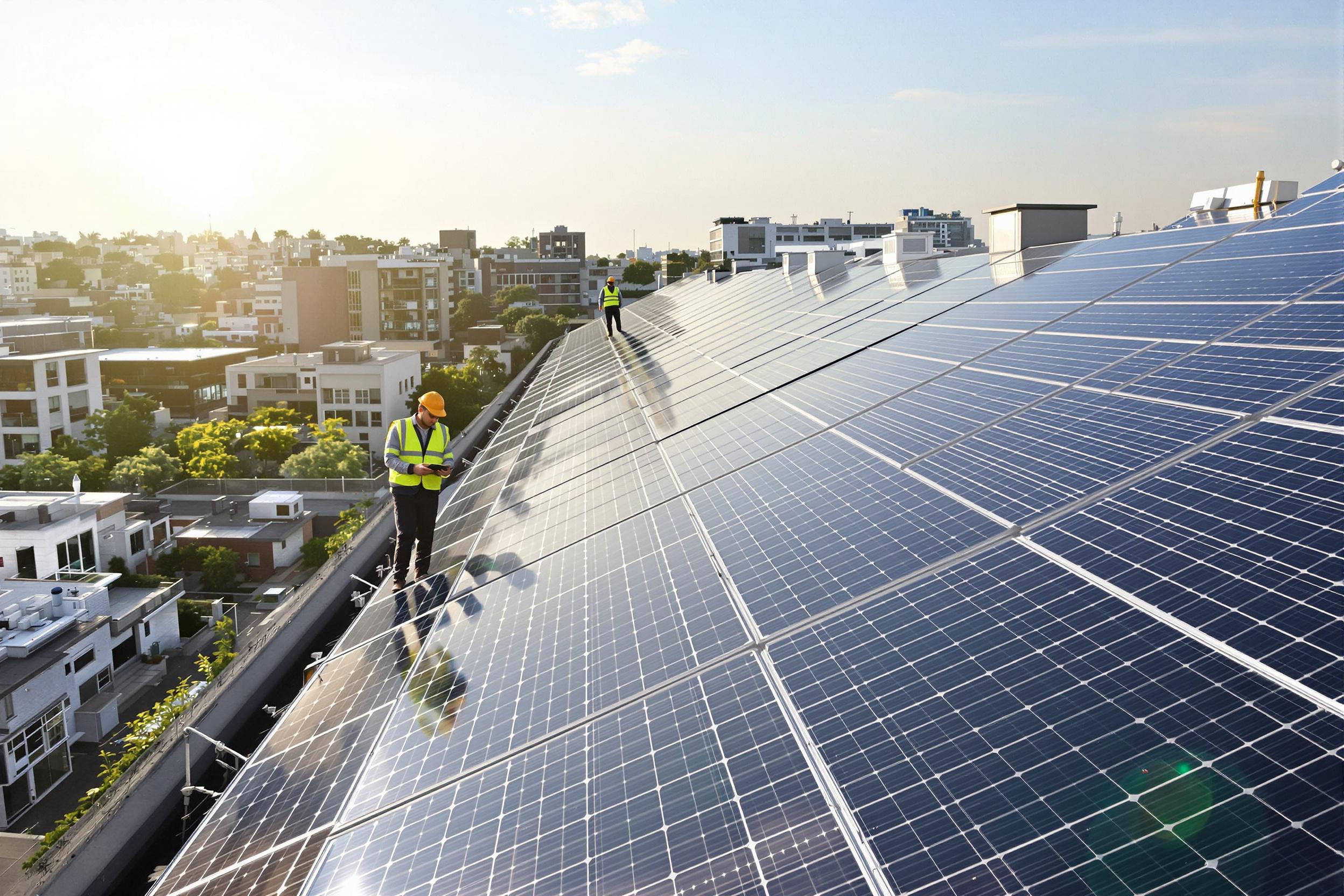 Installation professionnelle de panneaux photovoltaïques sur toiture d'immeuble tertiaire