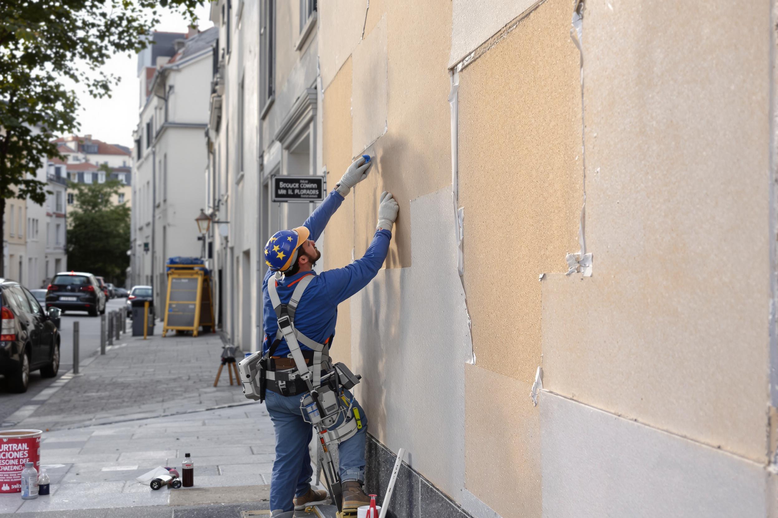 Un ouvrier pose un isolant sur une façade en rénovation dans une rue française