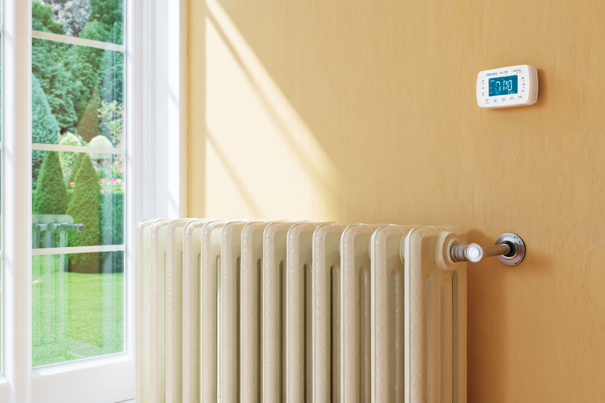 Pompe à chaleur air-eau réversible et radiateurs en fonte