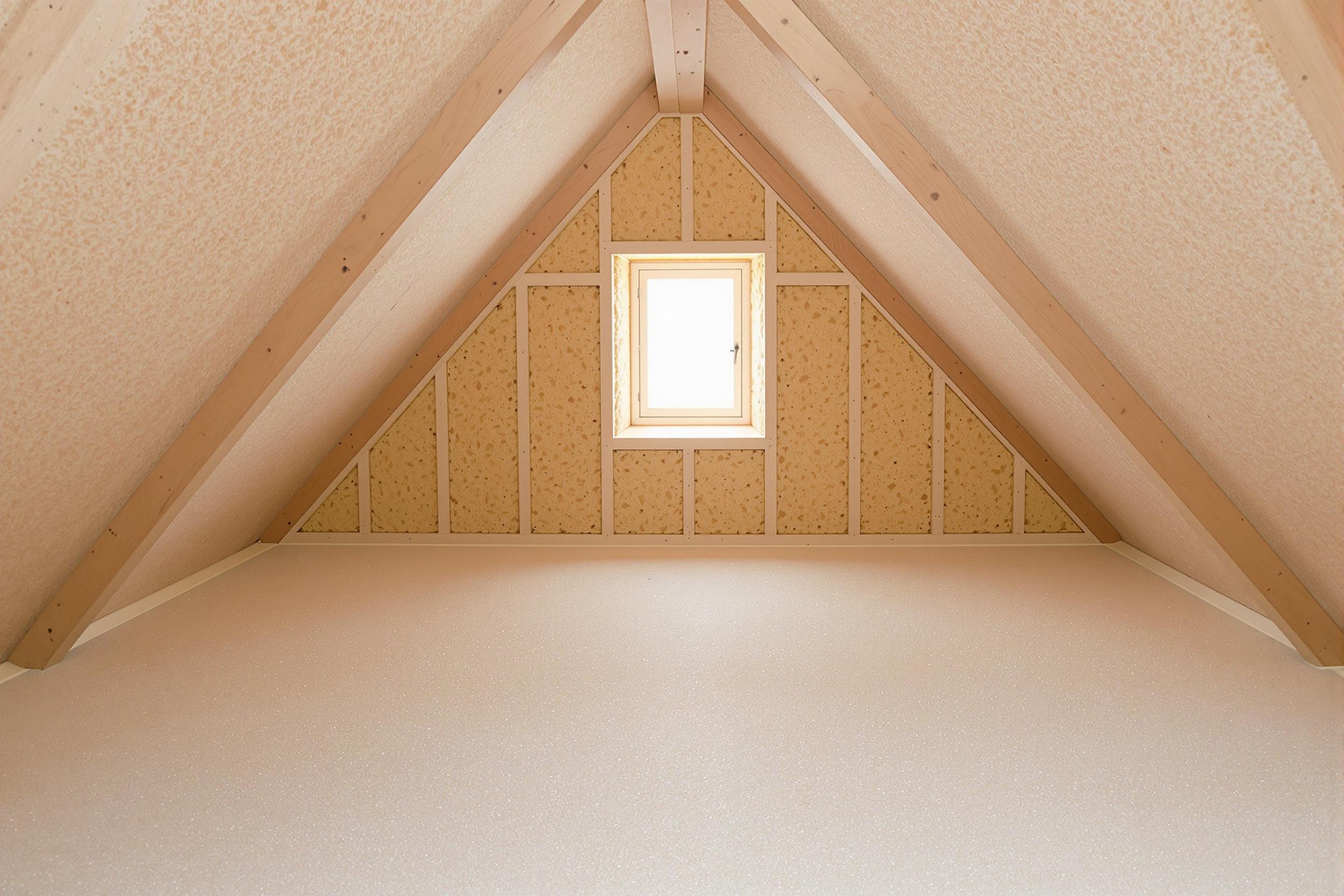 Exemple d'isolation optimale des combles avec projection de laine de roche, charpente bois visible et excellente étanchéité à l'air