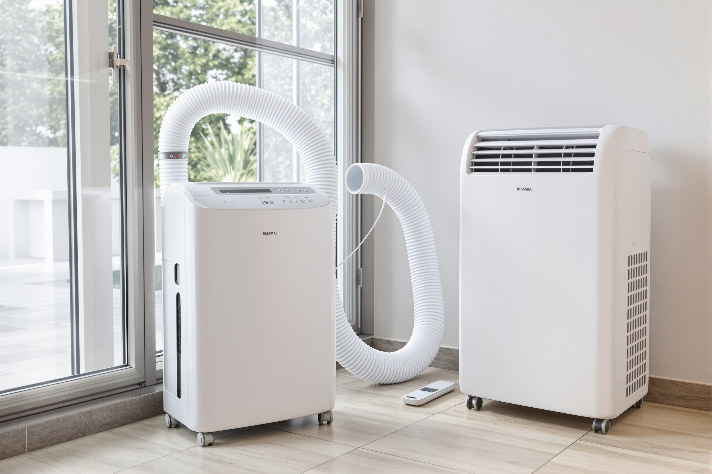 Climatiseur mobile avec gaine d'évacuation installé