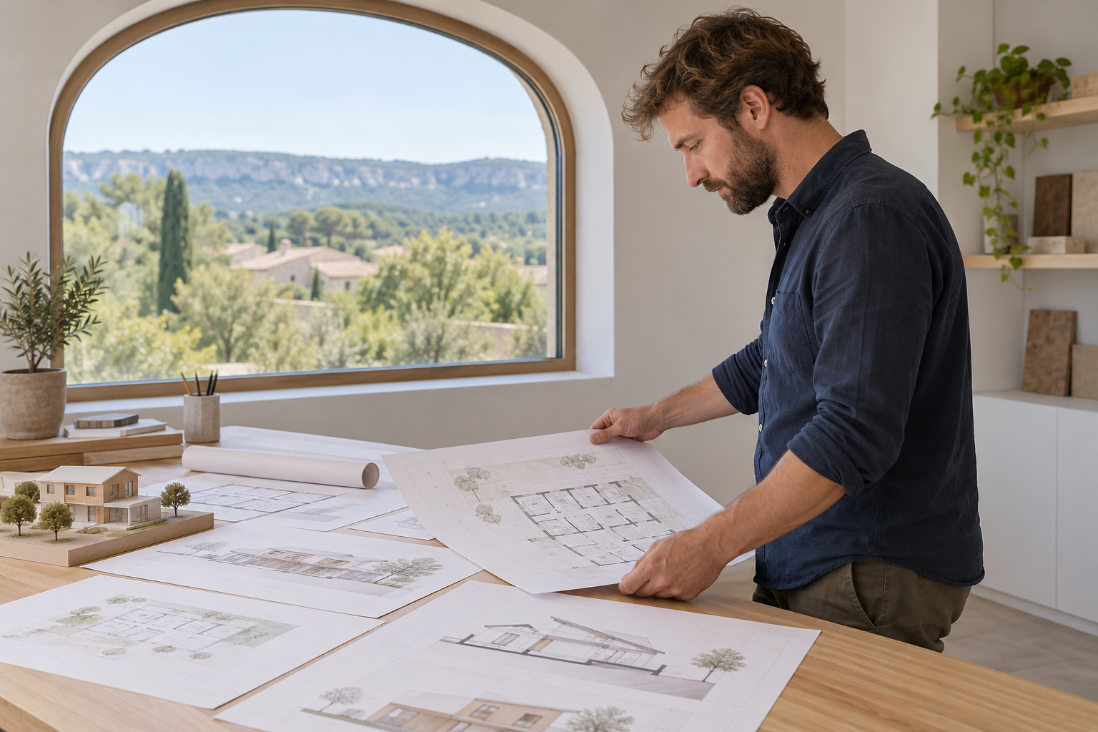 Un homme examine des plans de maison étalés sur une table.