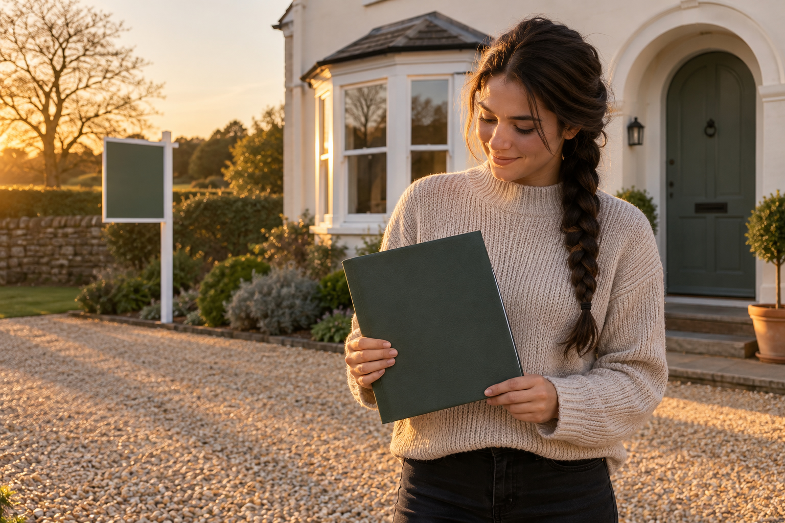 Une jeune femme tient un dossier vert devant elle devant une maison, au coucher du soleil.