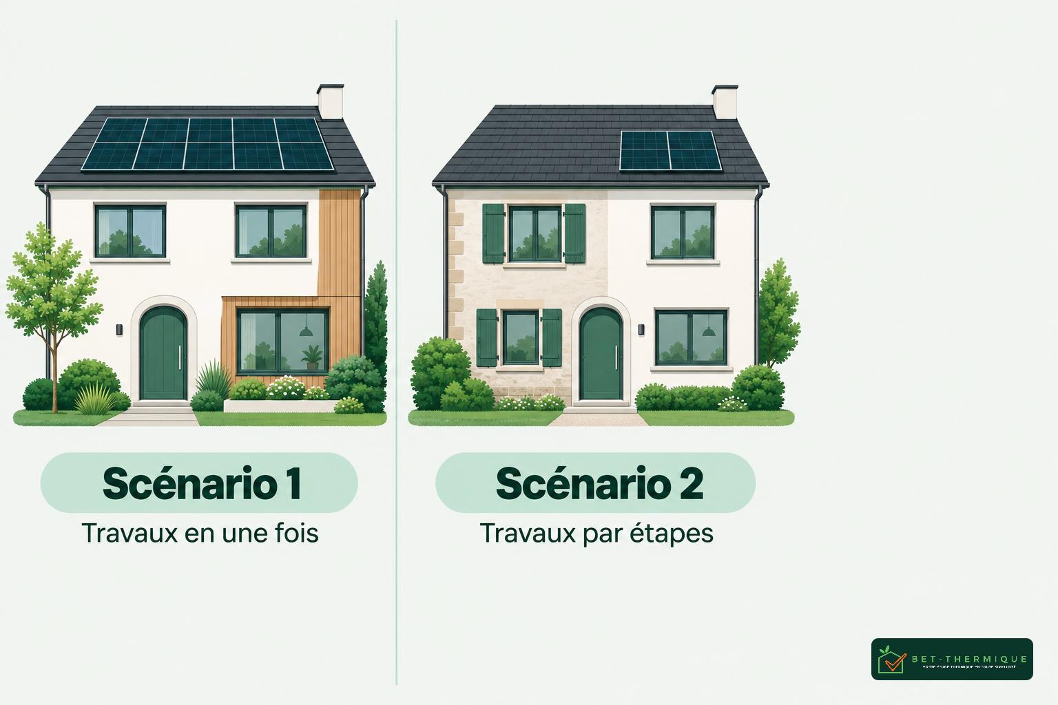 Vue d’une maison divisée en deux scénarios : à gauche une façade avec travaux réalisés en une fois, à droite une façade avec