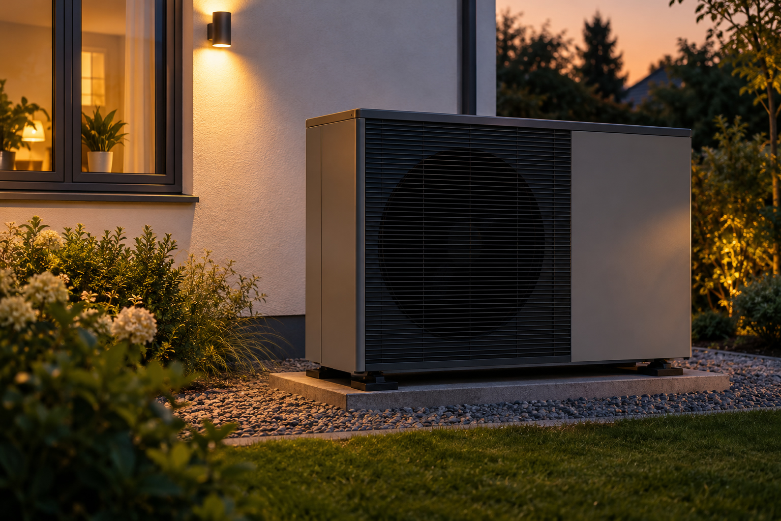 Climatisation ou pompe à chaleur extérieure noire installée sur une dalle dans le jardin devant une maison.