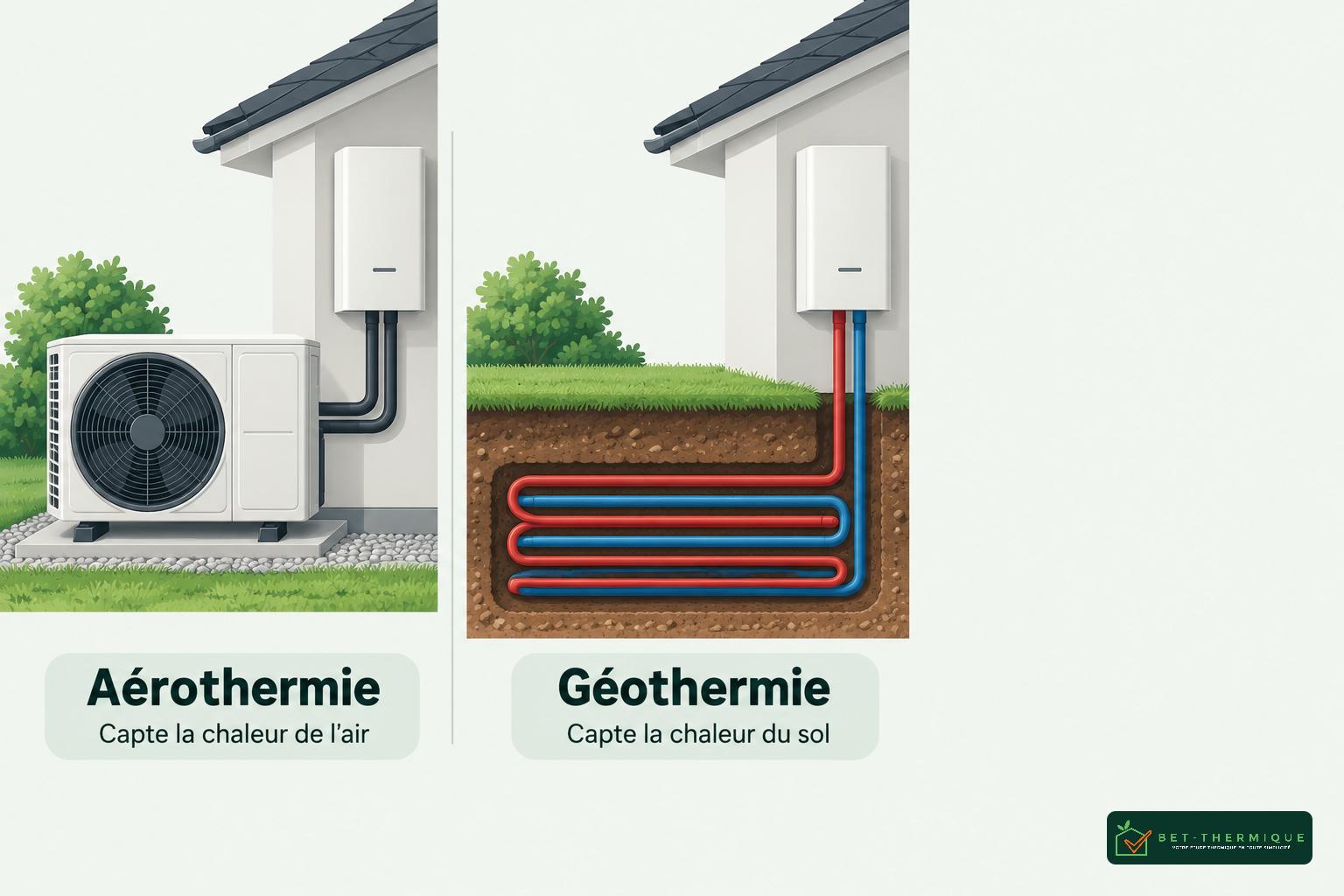 Deux systèmes illustrés : à gauche une unité extérieure avec ses conduits pour l’aérothermie et, à droite, un panneau