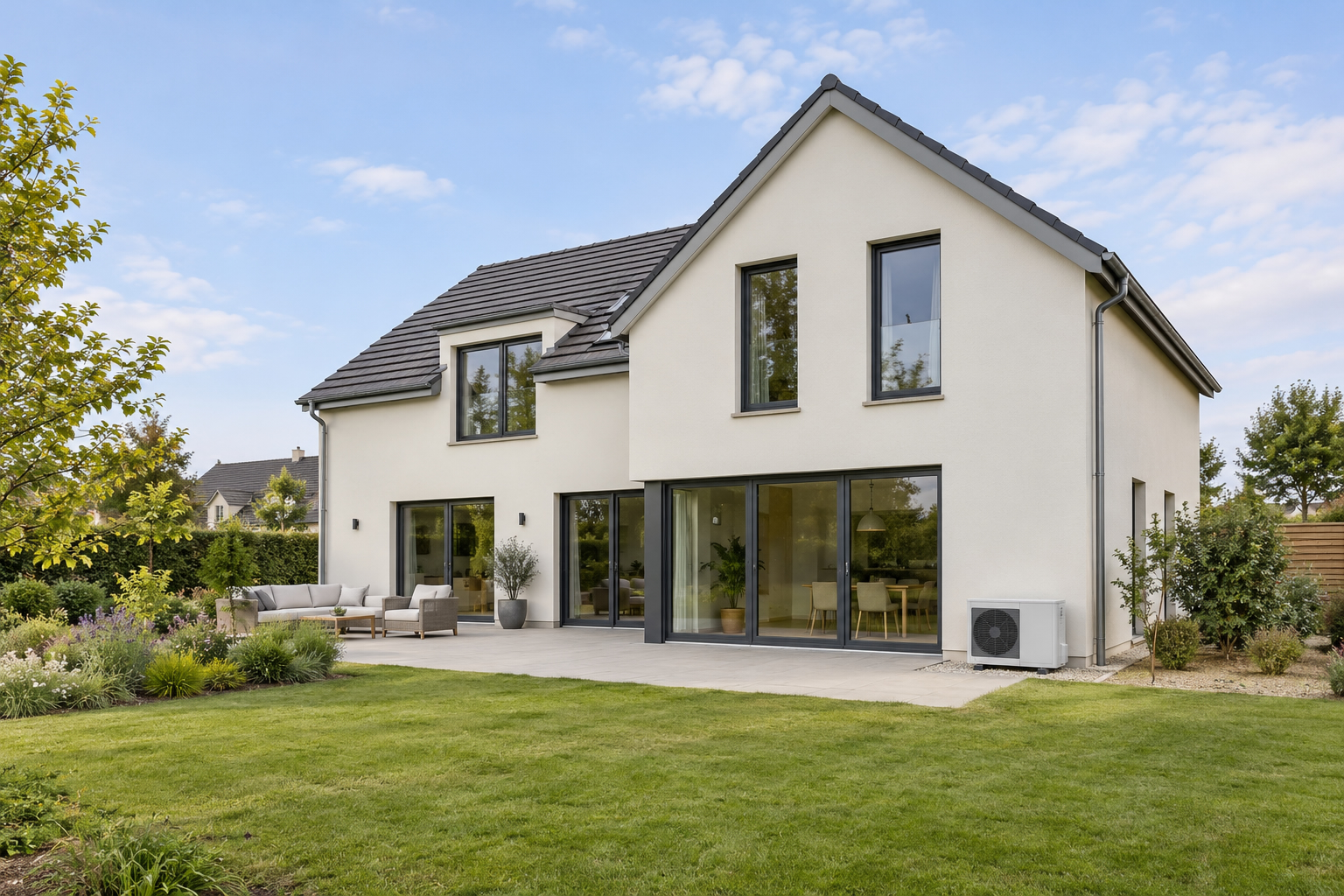 Maison moderne avec jardin et une pompe à chaleur extérieure près du mur, vue sur l’arrière de la demeure.