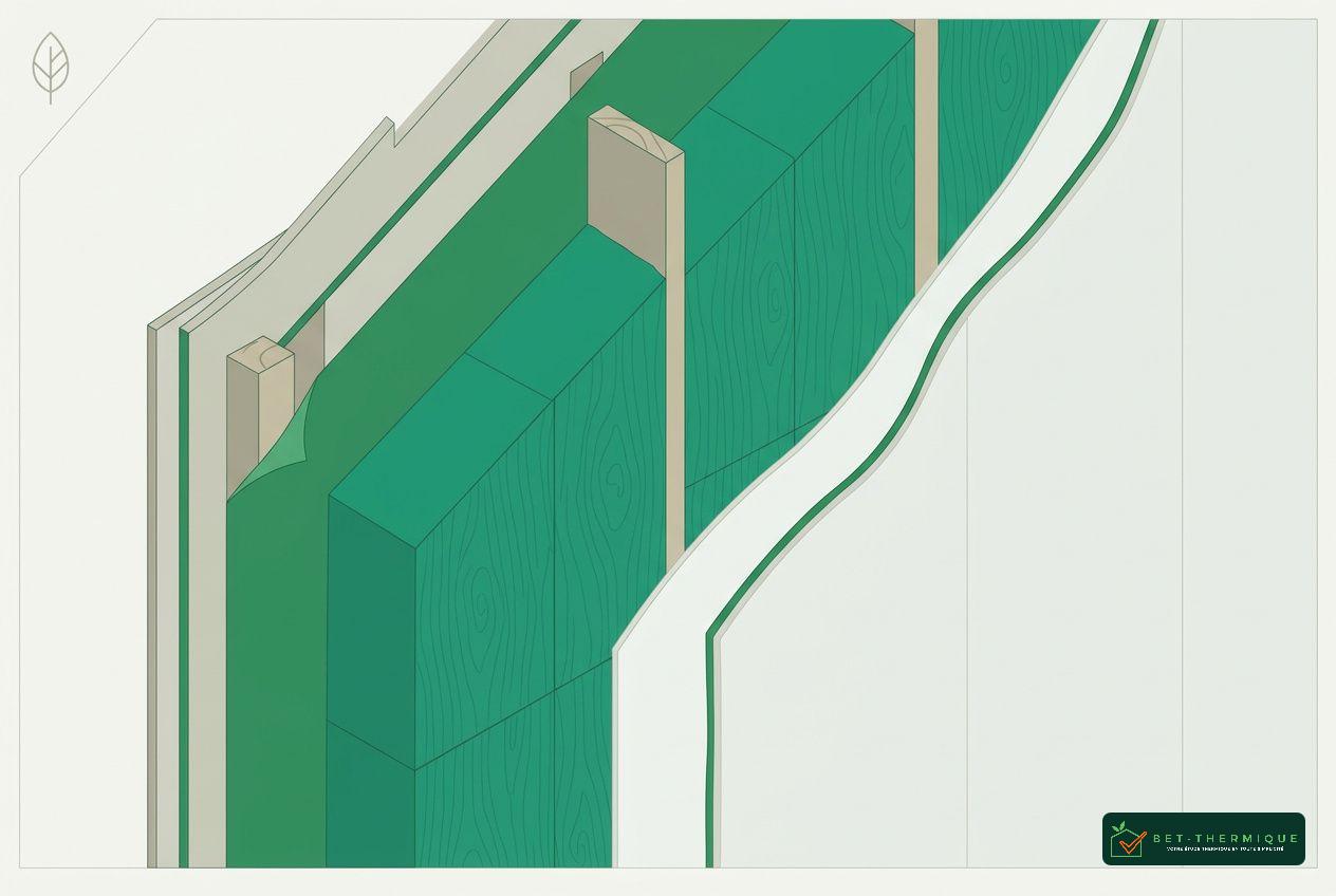 Schéma montrant une paroi isolée en fibre de bois avec une membrane pare-vapeur installée sur l’isolant, selon les DTU. fibre de bois pare-vapeur obligatoire
