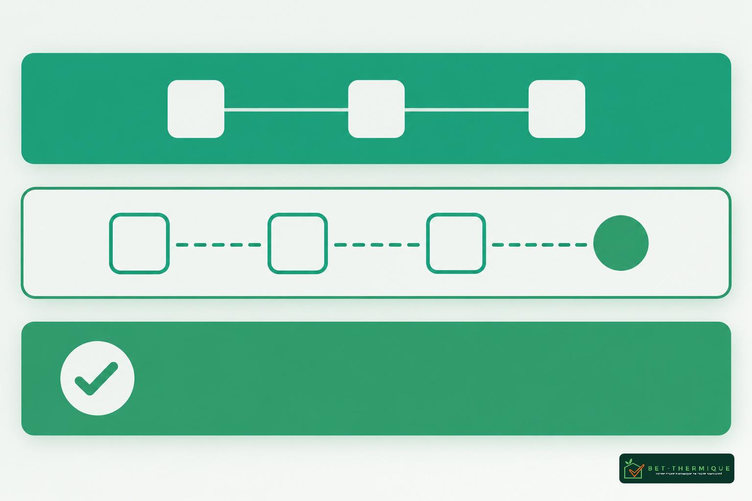Diagramme montrant un schéma de progression avec trois blocs de couleur verte et des symboles représentant des étapes, puis une