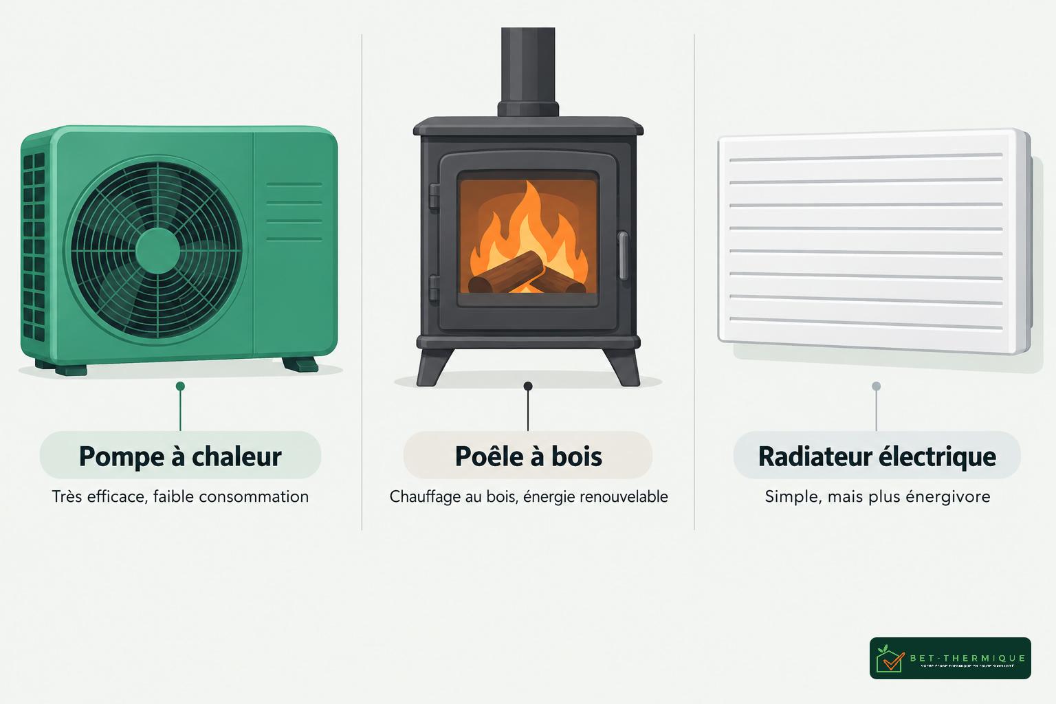 Chauffage illustrant trois systèmes: pompe à chaleur, poêle à bois et radiateur électrique.