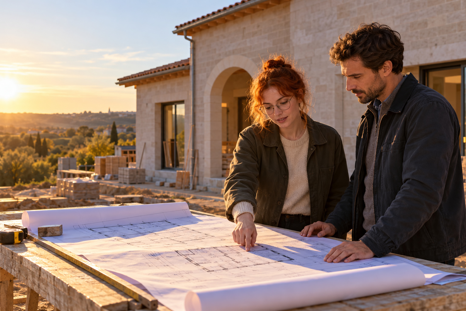 Deux personnes examinent des plans de construction devant une maison en chantier.