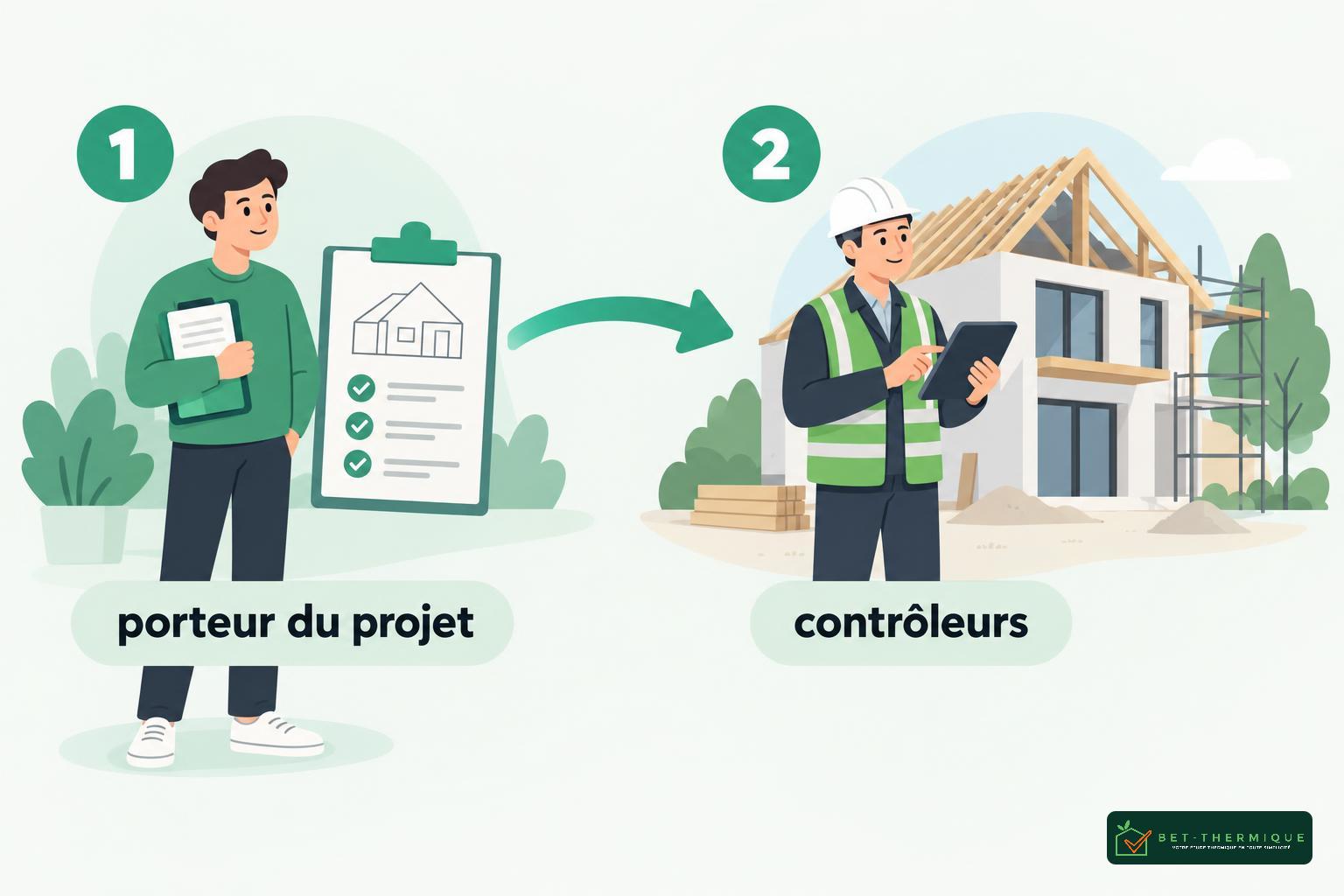 Le porteur du projet et les contrôleurs sur un chantier illustrés, représentant le processus de vérification et de contrôle.