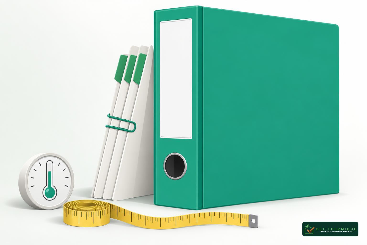 Dossier d’étude thermique et outils de contrôle avec classeur vert, carnets et mètre ruban.