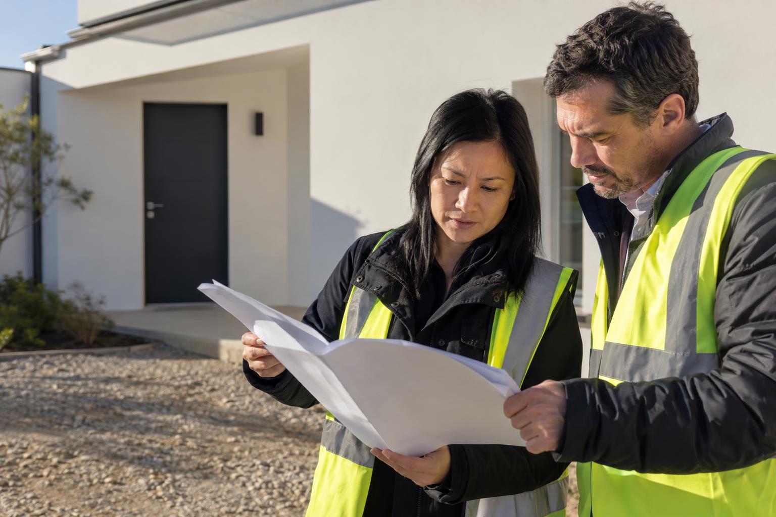 Deux professionnels portant des gilets réfléchissants examinent des plans devant une maison en construction.