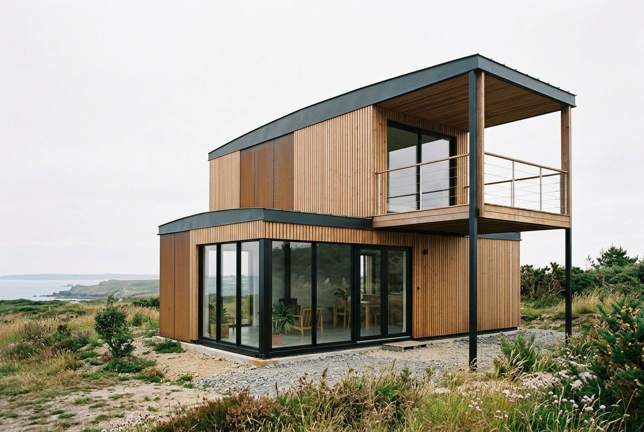Maison container Bretagne moderne en bois et verre, vue plongeante sur la mer, avec balcon et grandes baies vitrées.