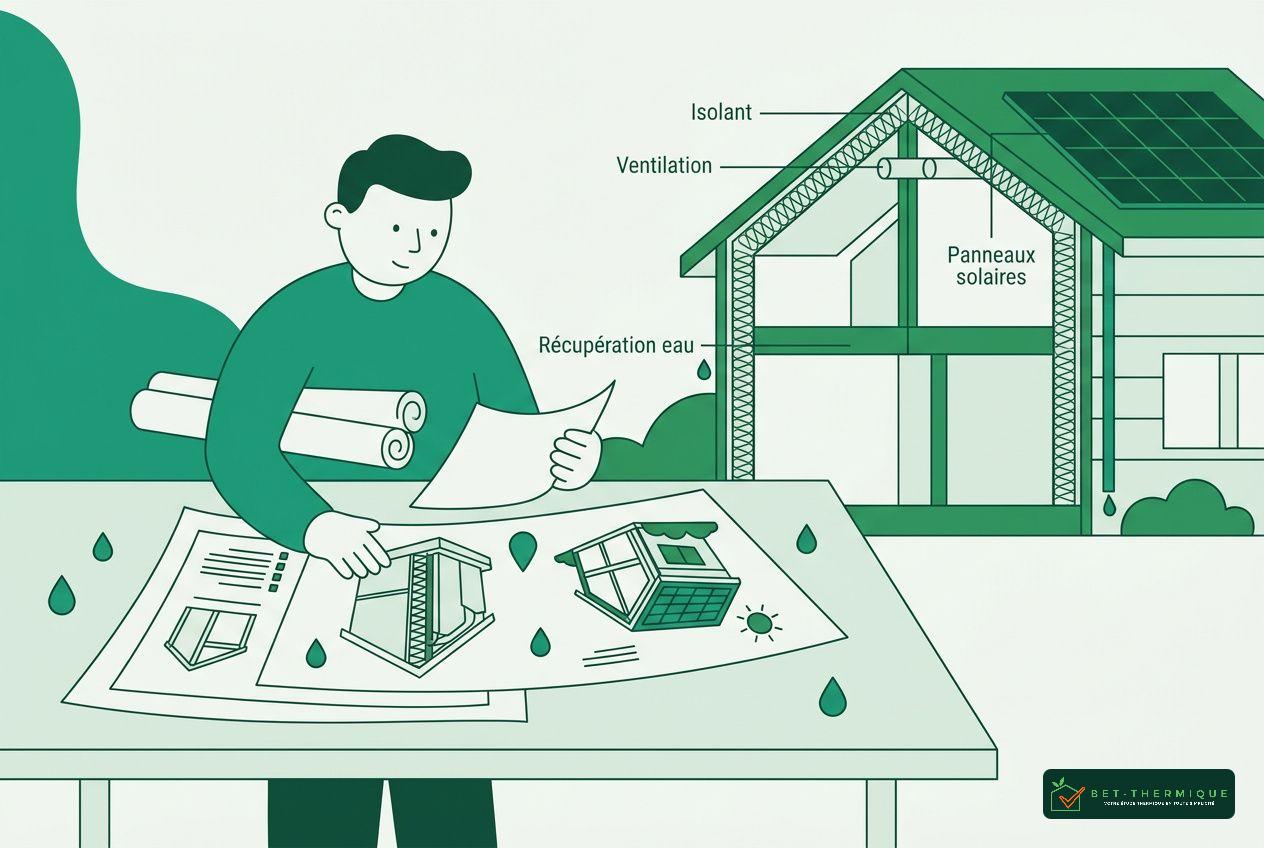 Illustration d’un homme concevant une maison autonome en eau et électricité, avec plans et modèles sur la table près d’un chalet écoénergétique équipé de panneaux solaires et système de récupération d’eau.