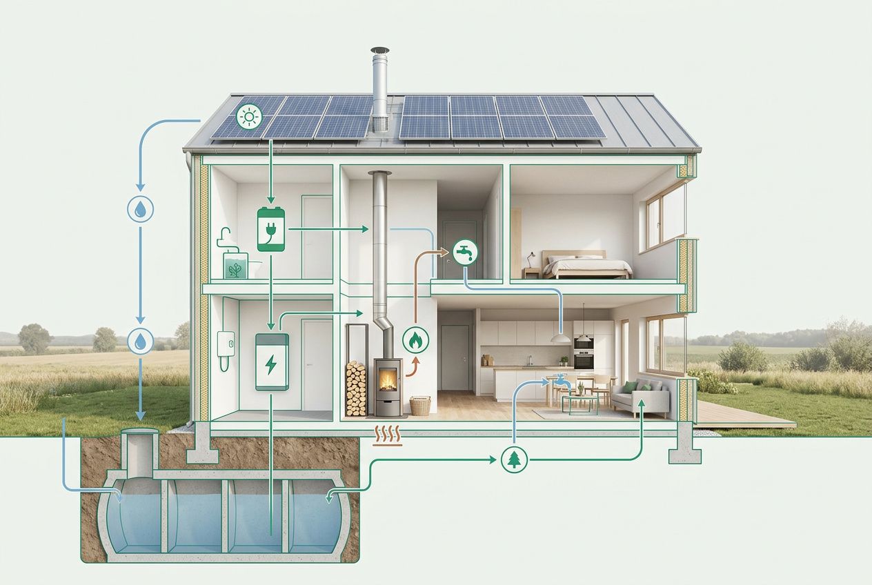 Schéma d’une maison autonome en eau et électricité: énergie solaire, stockage d’eau et réseau domestique, avec combustibles et circuites écologiques.