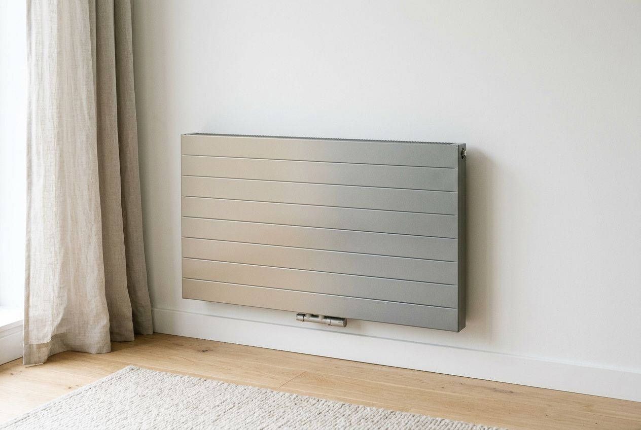 Radiateur réversible chaud/froid mural moderne en gris argenté fixé au mur, près d’un rideau et d’un tapis clair.