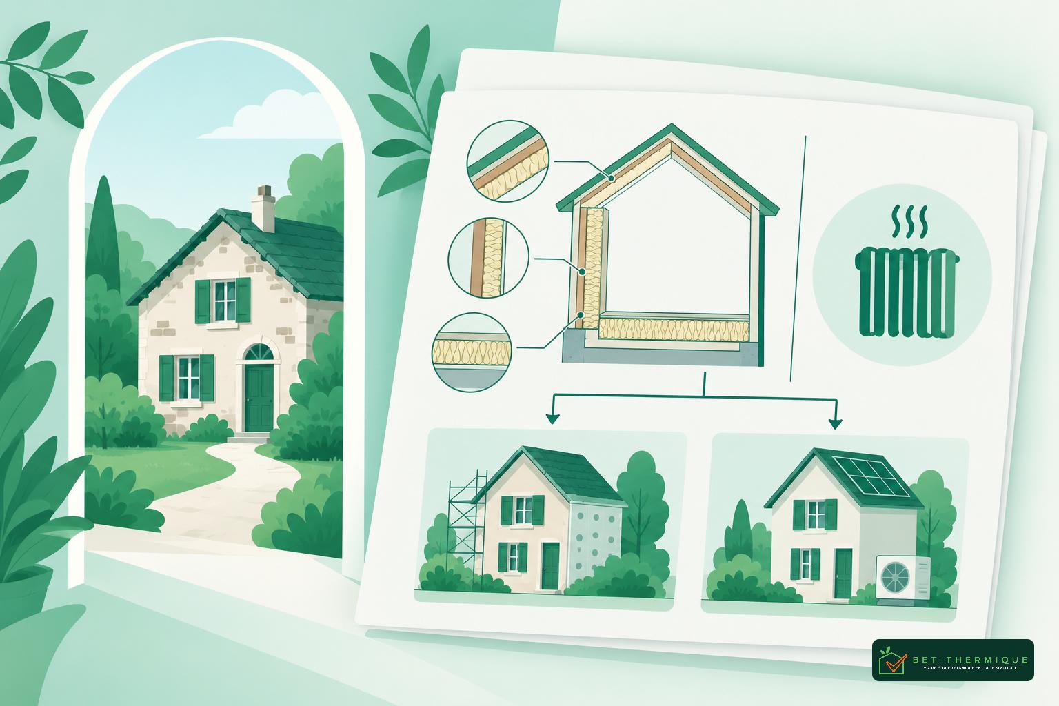 Schéma technique d’une habitation avec coupe et détails d’isolation et de chauffage, posé sur une page à côté d’une maison