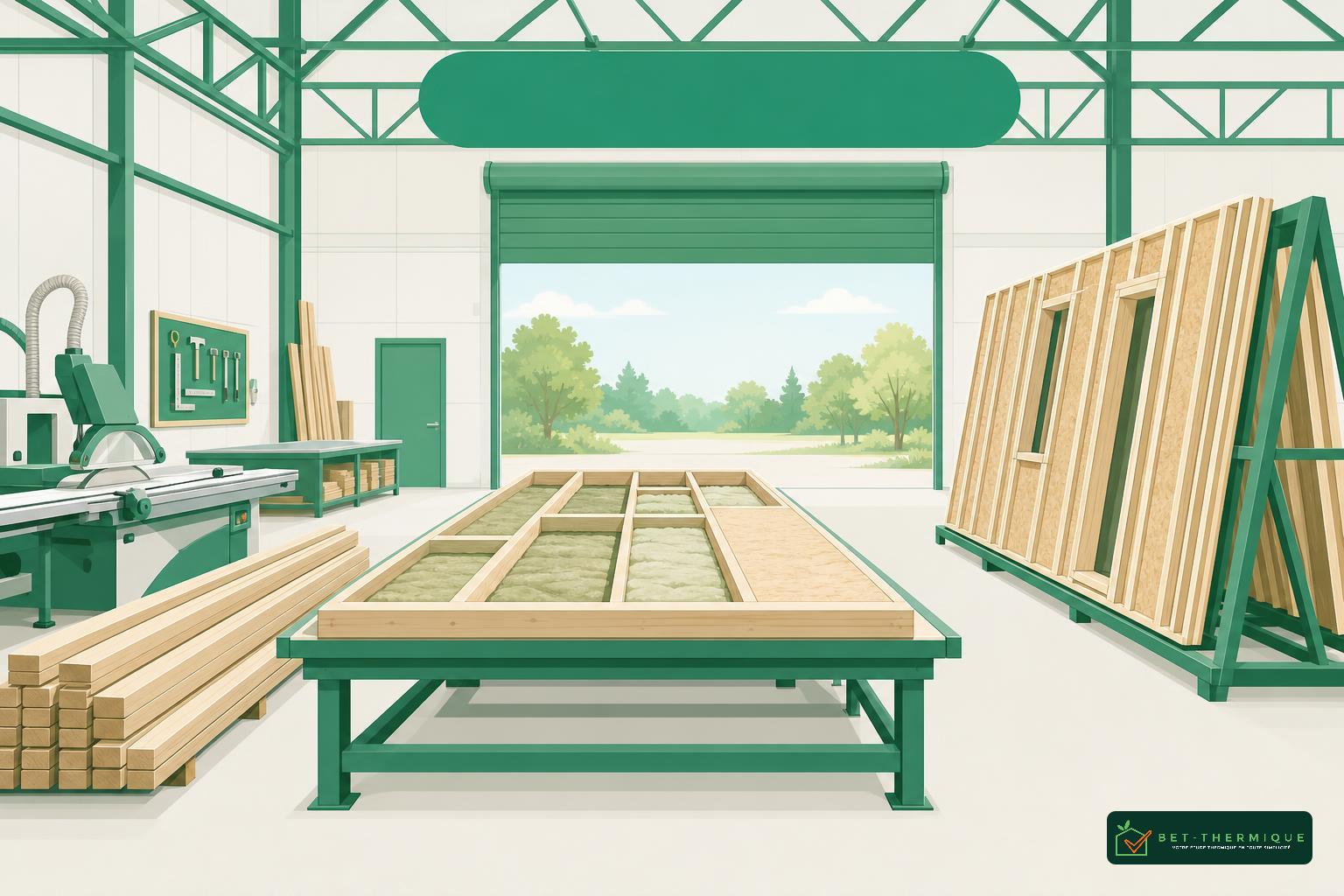 Grande salle d’atelier avec planches et cadres en bois, tables de travail et machine, ambiance d’atelier de construction bois pour petite maison neuve.